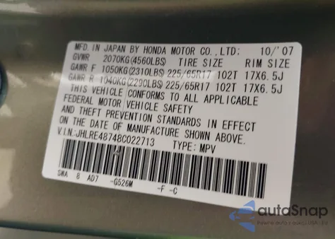 2008 Honda Cr-V Ex-L from USA, damaged, VIN JHLRE48748C022713